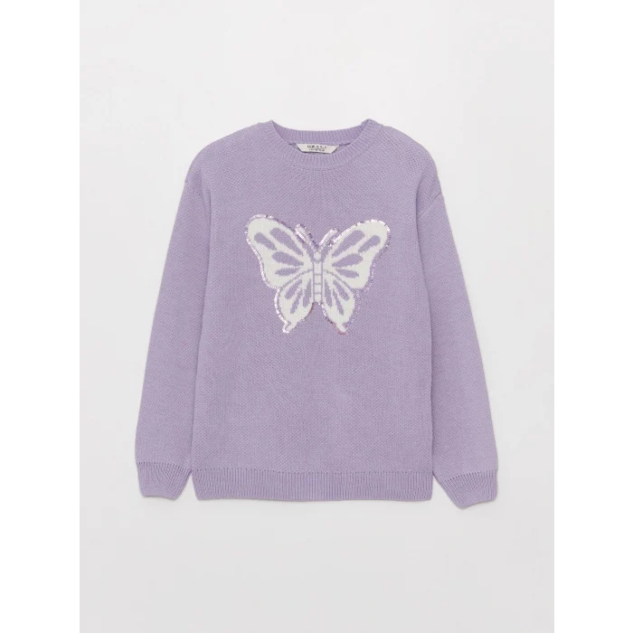 LCW Kids Lila Bisiklet Yaka Desenli Uzun Kollu Kız Çocuk Triko Kazak