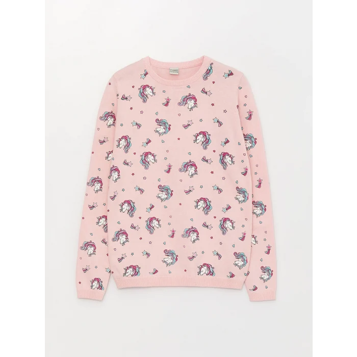 LCW Kids Pembe Bisiklet Yaka Baskılı Uzun Kollu Kız Çocuk Triko Kazak