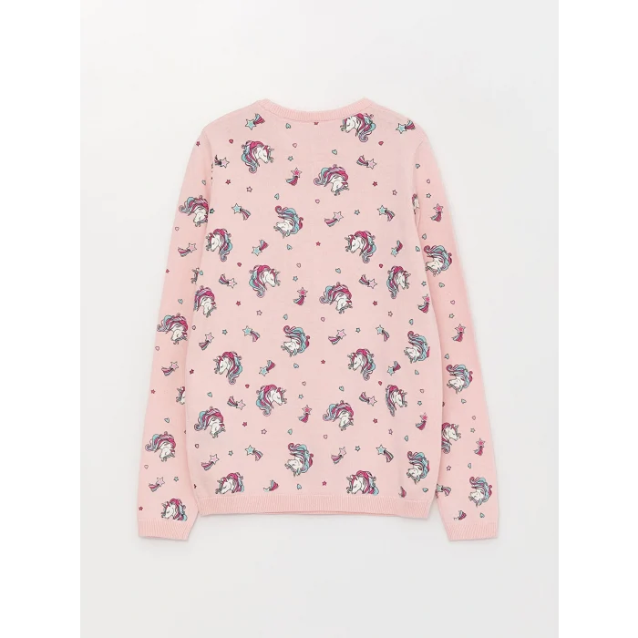 LCW Kids Pembe Bisiklet Yaka Baskılı Uzun Kollu Kız Çocuk Triko Kazak