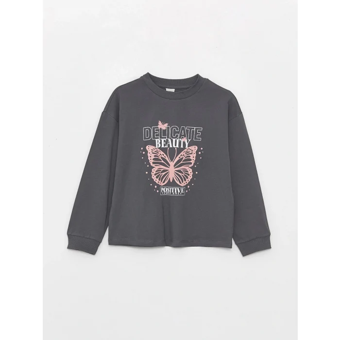 LCW Kids Gri Bisiklet Yaka Baskılı Uzun Kollu Kız Çocuk Tişört