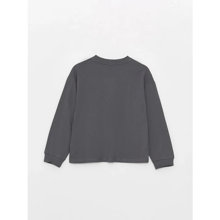 LCW Kids Gri Bisiklet Yaka Baskılı Uzun Kollu Kız Çocuk Tişört