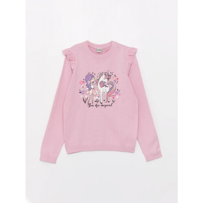 LCW Kids Pembe Bisiklet Yaka Baskılı Uzun Kollu Kız Çocuk Triko Kazak