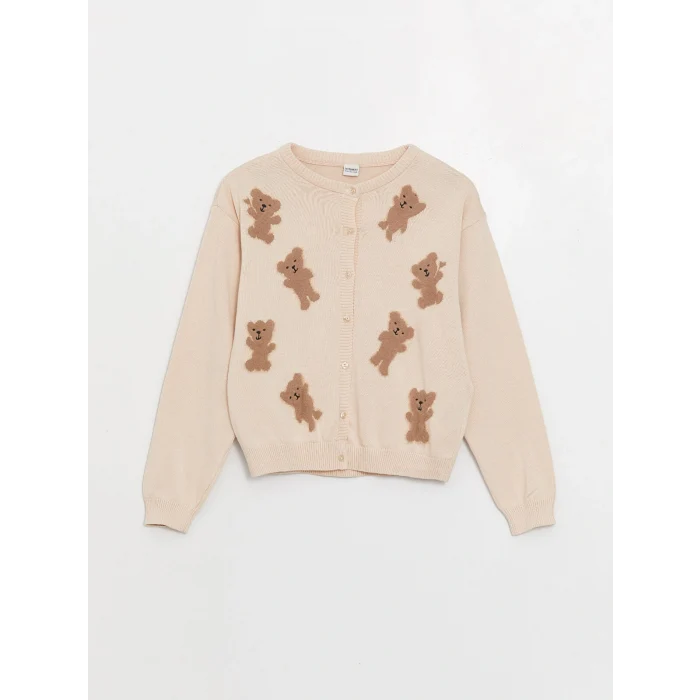 LCW Kids Pembe Bisiklet Yaka Desenli Uzun Kollu Kız Çocuk Triko Hırka