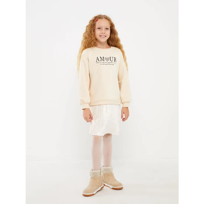 LCW Kids Bej Bisiklet Yaka Baskılı Uzun Kollu Kız Çocuk Elbise