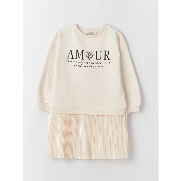 LCW Kids Bej Bisiklet Yaka Baskılı Uzun Kollu Kız Çocuk Elbise