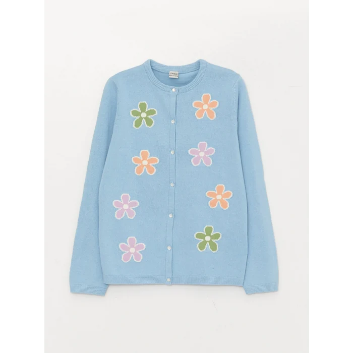 LCW Kids Mavi Bisiklet Yaka Desenli Uzun Kollu Kız Çocuk Triko Hırka