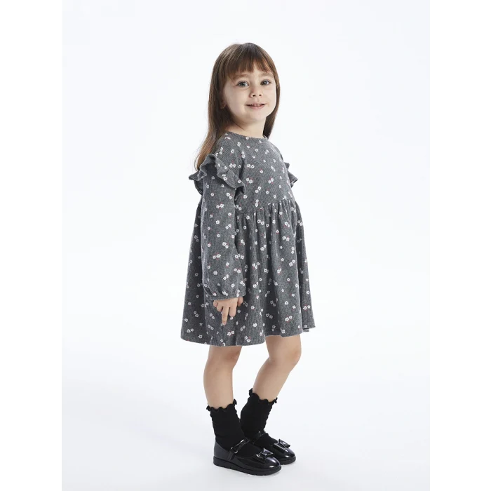 LCW baby Antrasit Bisiklet Yaka Uzun Kollu Kız Bebek Elbise