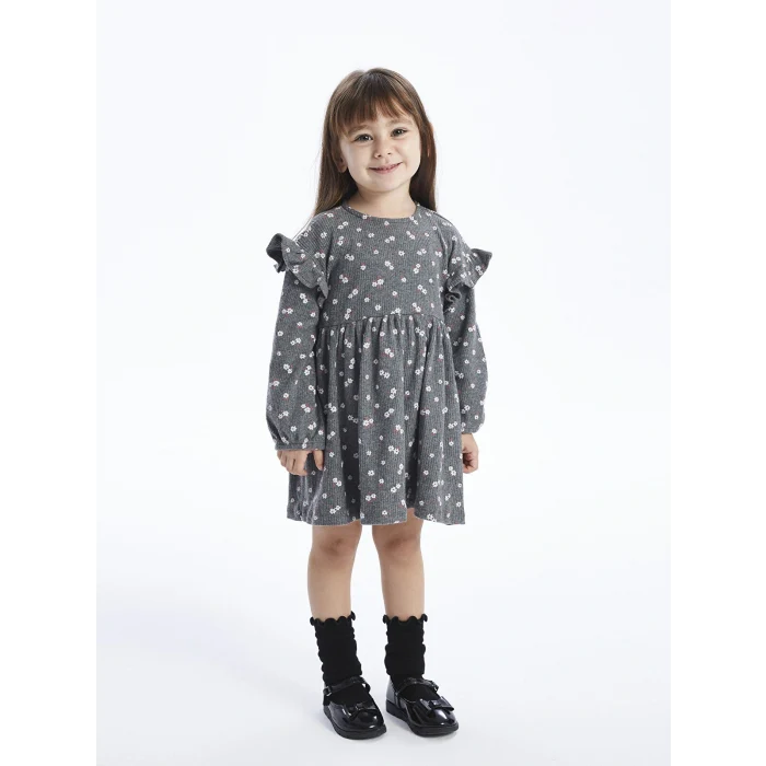 LCW baby Antrasit Bisiklet Yaka Uzun Kollu Kız Bebek Elbise