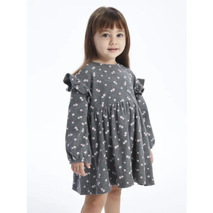LCW baby Antrasit Bisiklet Yaka Uzun Kollu Kız Bebek Elbise