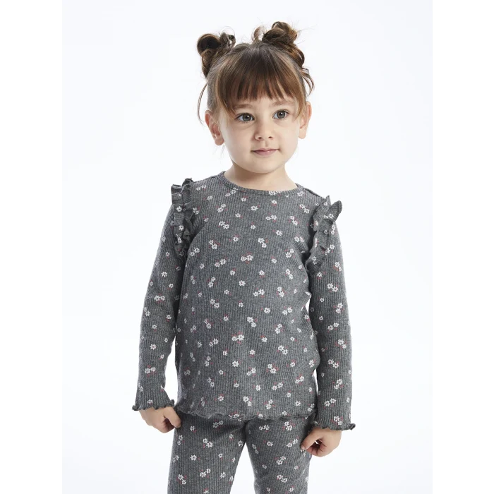 LCW baby Antrasit Bisiklet Yaka Uzun Kollu Baskılı Kız Bebek Tişört