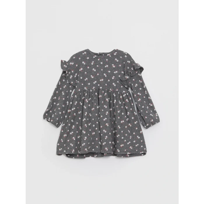 LCW baby Antrasit Bisiklet Yaka Uzun Kollu Kız Bebek Elbise