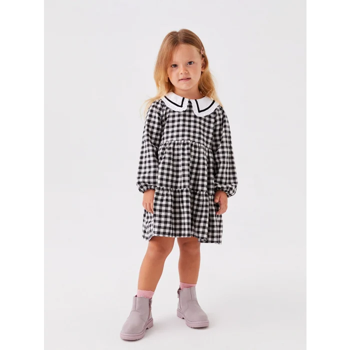 LCW baby Siyah Bebe Yaka Ekose Kız Bebek Elbise