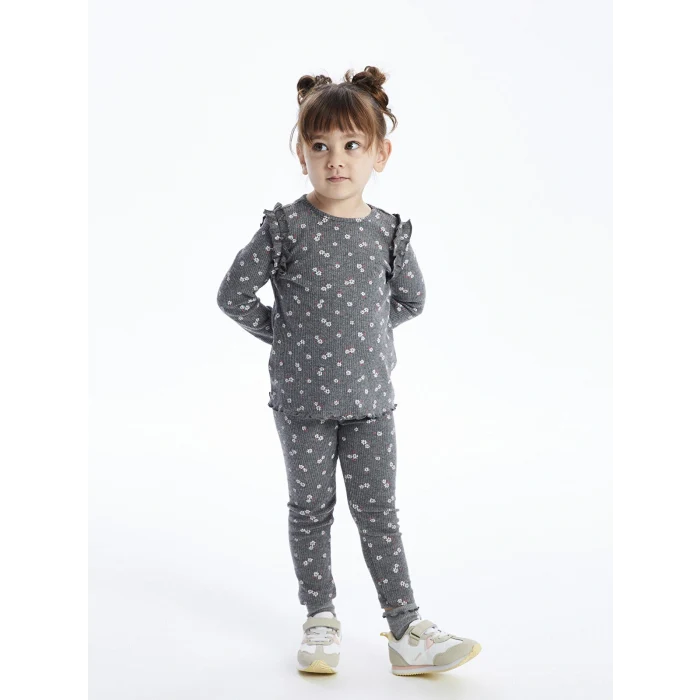 LCW baby Antrasit Bisiklet Yaka Uzun Kollu Baskılı Kız Bebek Tişört