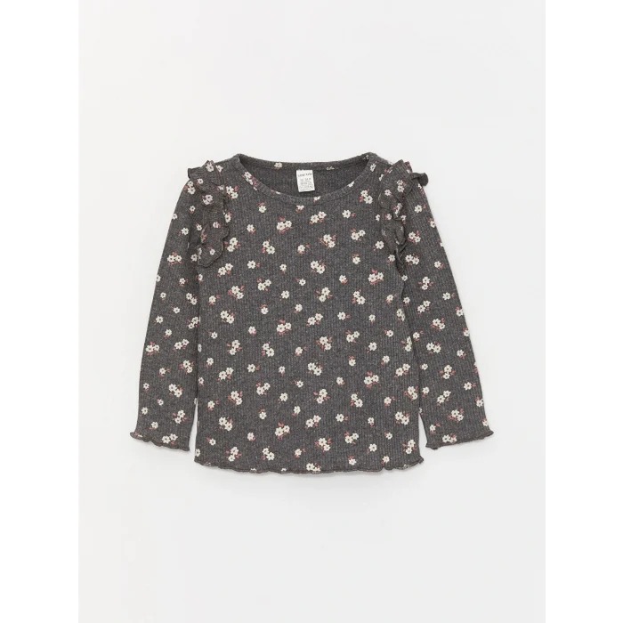 LCW baby Antrasit Bisiklet Yaka Uzun Kollu Baskılı Kız Bebek Tişört