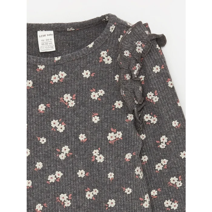 LCW baby Antrasit Bisiklet Yaka Uzun Kollu Baskılı Kız Bebek Tişört