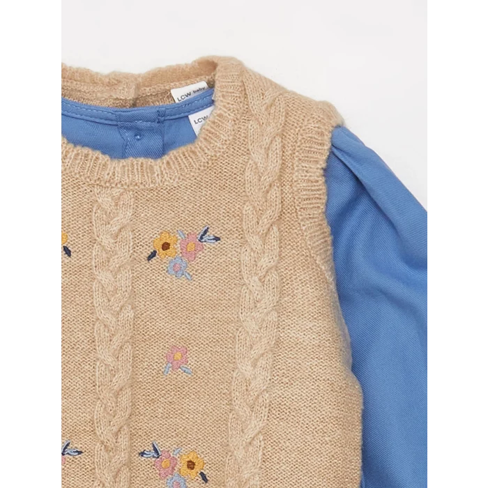 LCW baby Mavi Bisiklet Yaka Kız Bebek Elbise ve Süveter 2li Takım