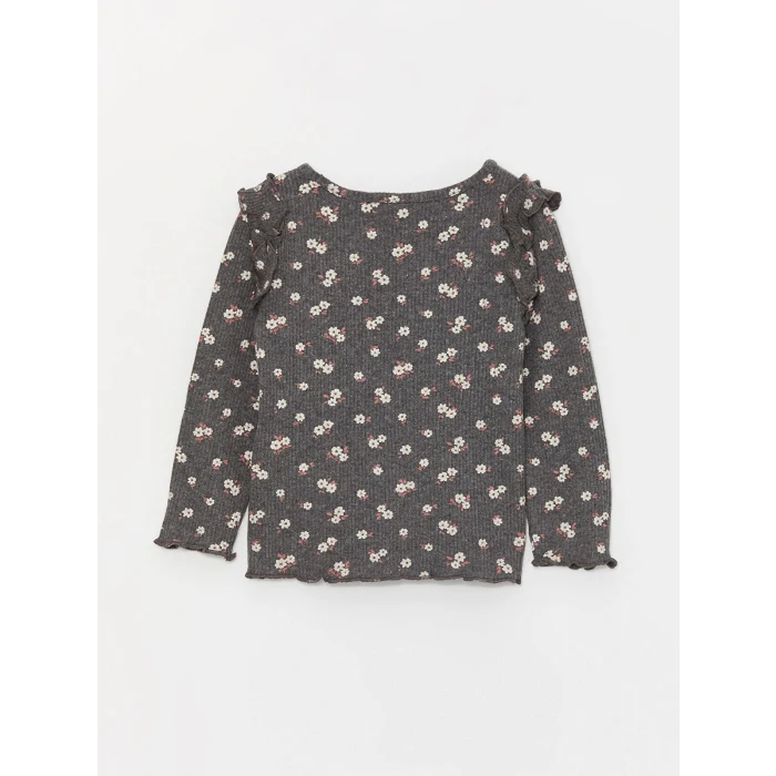 LCW baby Antrasit Bisiklet Yaka Uzun Kollu Baskılı Kız Bebek Tişört