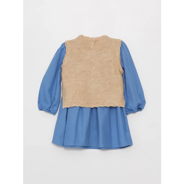 LCW baby Mavi Bisiklet Yaka Kız Bebek Elbise ve Süveter 2li Takım