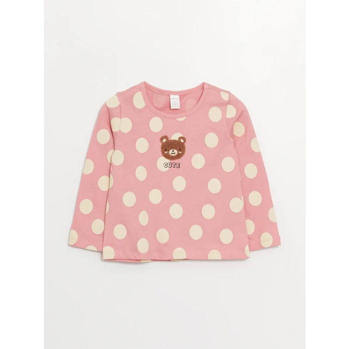 LCW baby Pembe Bisiklet Yaka Uzun Kollu Nakış Detaylı Kız Bebek Tişört