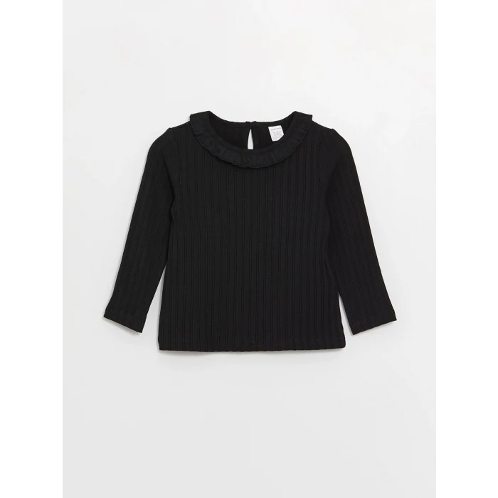 LCW baby Siyah Bisiklet Yaka Uzun Kollu Kız Bebek Tişört