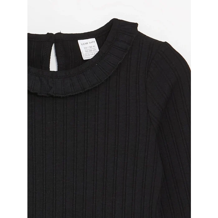 LCW baby Siyah Bisiklet Yaka Uzun Kollu Kız Bebek Tişört