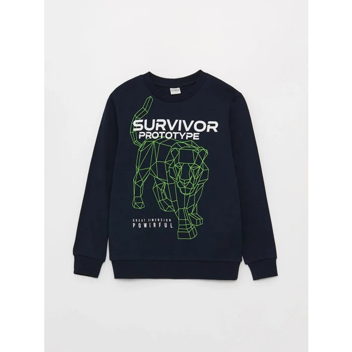 LCW Kids Lacivert Bisiklet Yaka Baskılı Uzun Kollu Erkek Çocuk Tişört