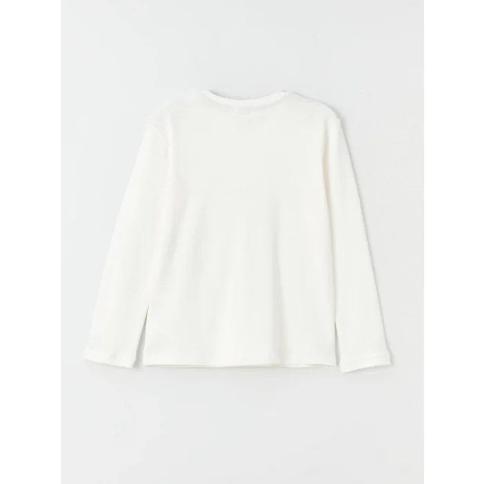 LCW Kids Ekru Bisiklet Yaka Baskılı Uzun Kollu Erkek Çocuk Tişört