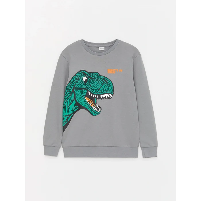 LCW Kids Gri Bisiklet Yaka Baskılı Uzun Kollu Erkek Çocuk Tişört