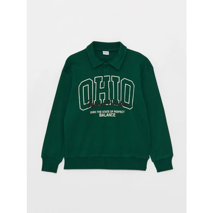 LCW Kids Yeşil Rahat Kalıp Polo Yaka Baskılı Erkek Çocuk Sweatshirt