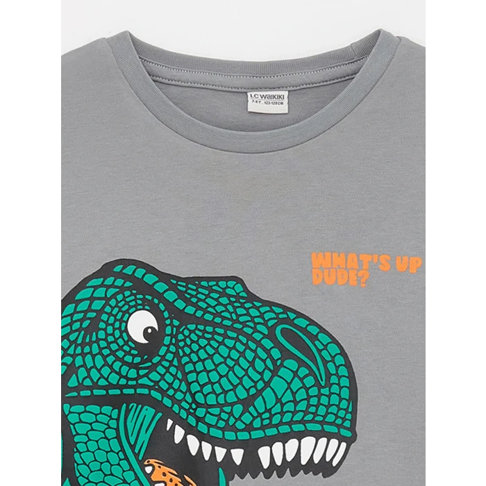 LCW Kids Gri Bisiklet Yaka Baskılı Uzun Kollu Erkek Çocuk Tişört