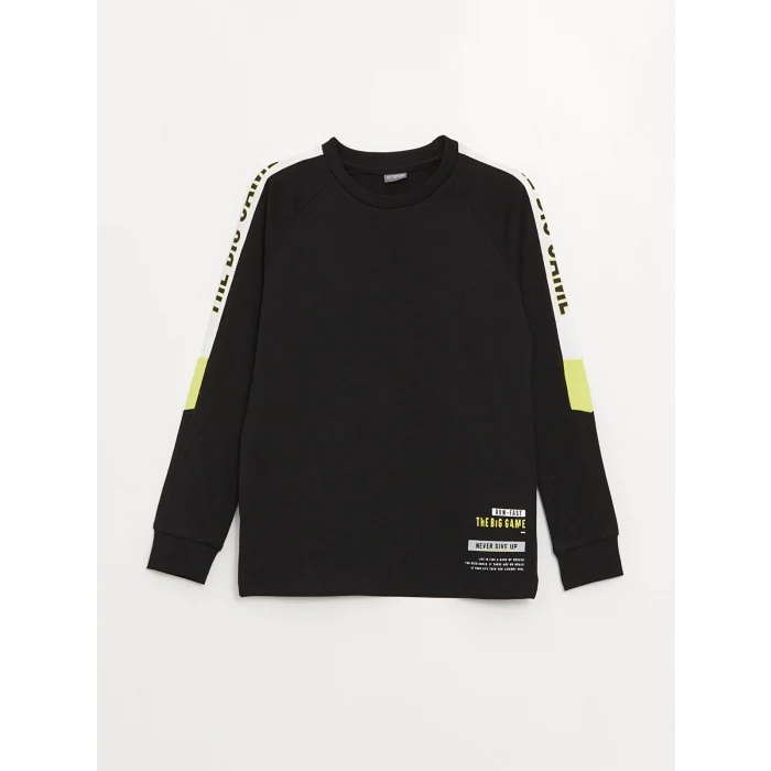 LCW Kids Siyah Bisiklet Yaka Baskılı Uzun Kollu Erkek Çocuk Tişört