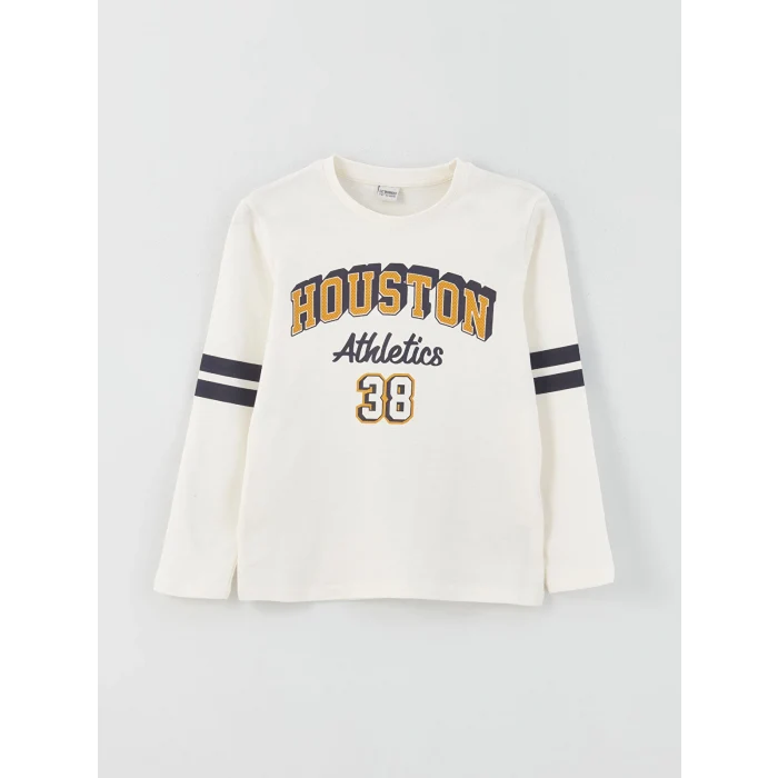 LCW Kids Ekru Bisiklet Yaka Baskılı Uzun Kollu Erkek Çocuk Tişört