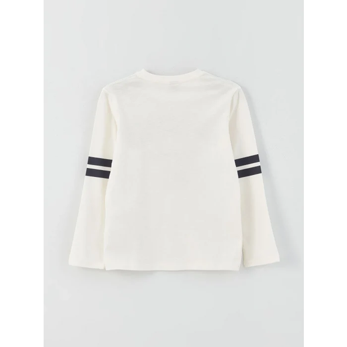 LCW Kids Ekru Bisiklet Yaka Baskılı Uzun Kollu Erkek Çocuk Tişört