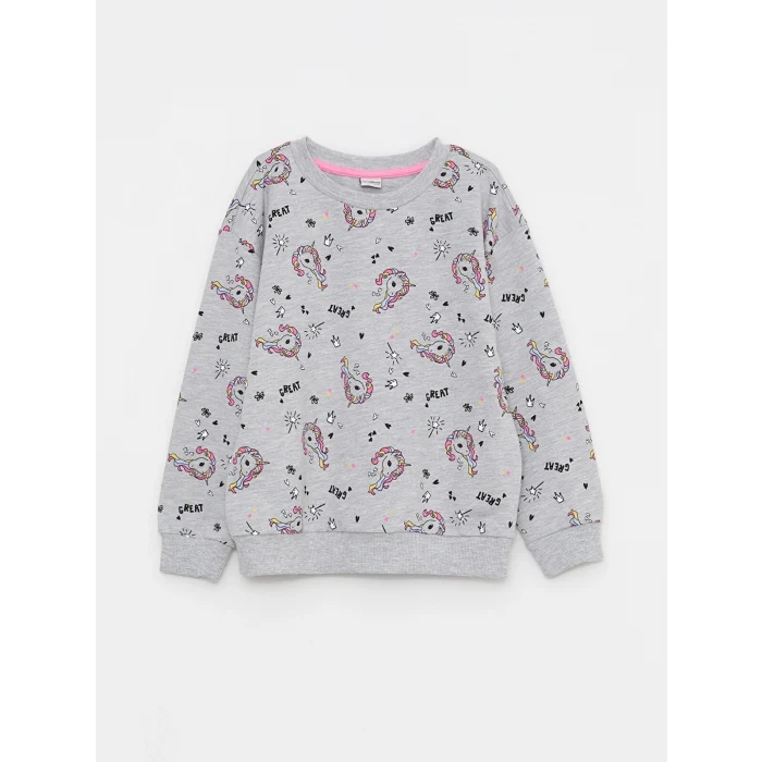 LCW Kids Gri Bisiklet Yaka Baskılı Uzun Kollu Kız Çocuk Sweatshirt