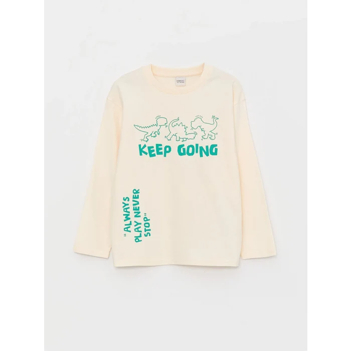 LCW Kids Ekru Rahat Kalıp Bisiklet Yaka Baskılı Erkek Çocuk Tişört