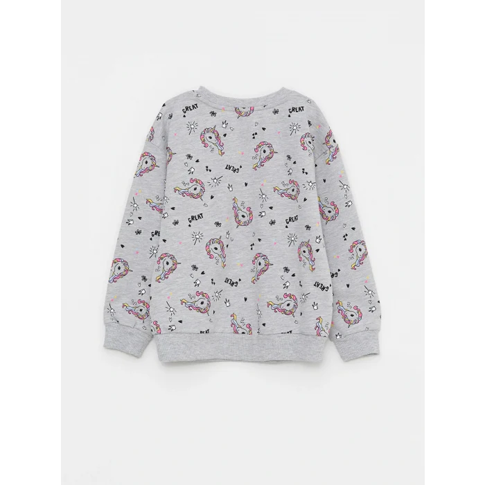 LCW Kids Gri Bisiklet Yaka Baskılı Uzun Kollu Kız Çocuk Sweatshirt