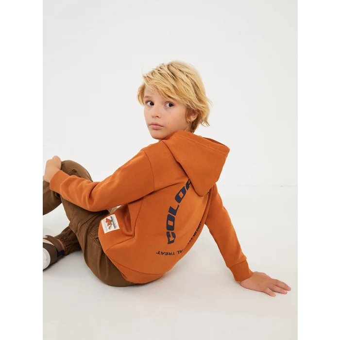 LCW Kids Kahverengi Rahat Kalıp Baskılı Erkek Çocuk Hoodie