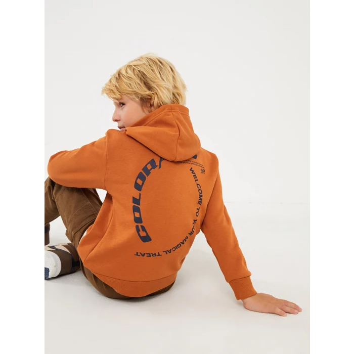 LCW Kids Kahverengi Rahat Kalıp Baskılı Erkek Çocuk Hoodie