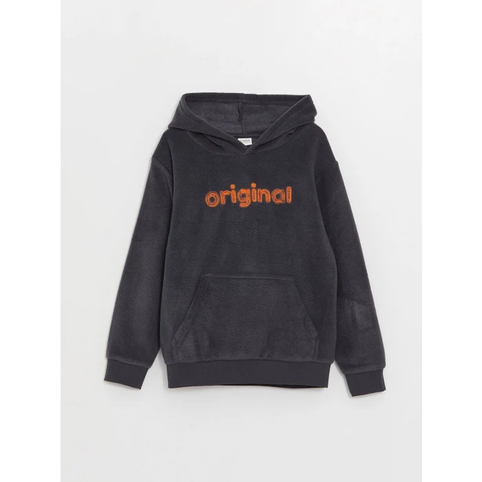 LCW Kids Antrasit Nakışlı Uzun Kollu Polar Erkek Çocuk Hoodie