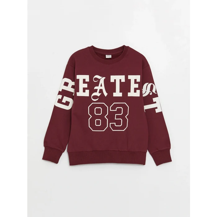LCW Kids Bordo Rahat Kalıp Bisiklet Yaka Baskılı Erkek Çocuk Sweatshirt