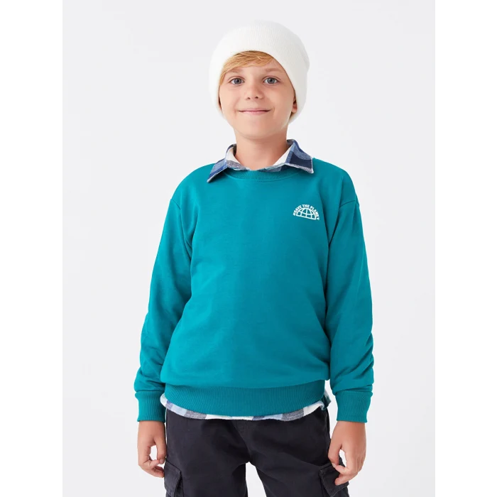 LCW Kids Turkuaz Rahat Kalıp Bisiklet Yaka Baskılı Erkek Çocuk Sweatshirt