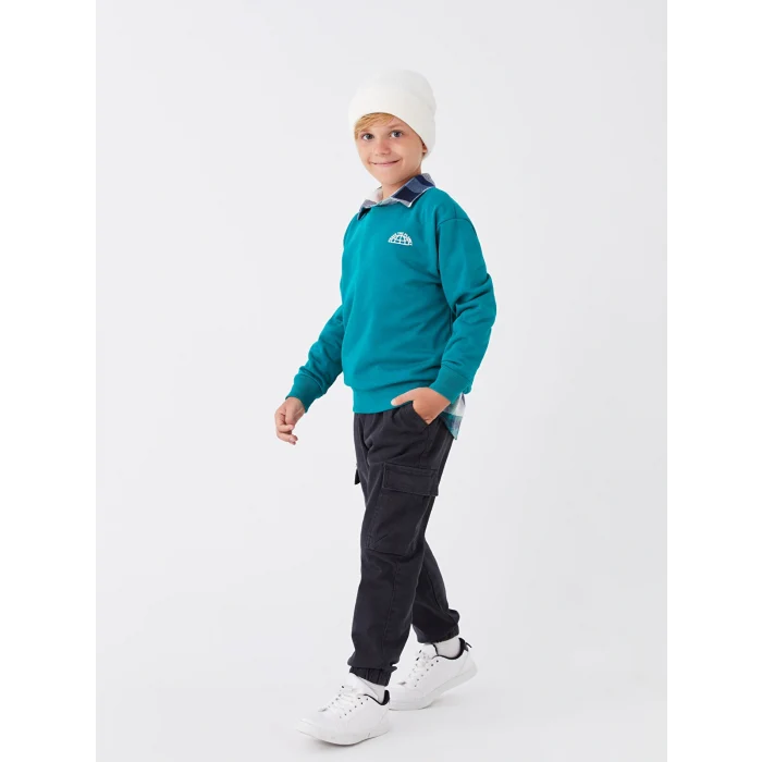 LCW Kids Turkuaz Rahat Kalıp Bisiklet Yaka Baskılı Erkek Çocuk Sweatshirt