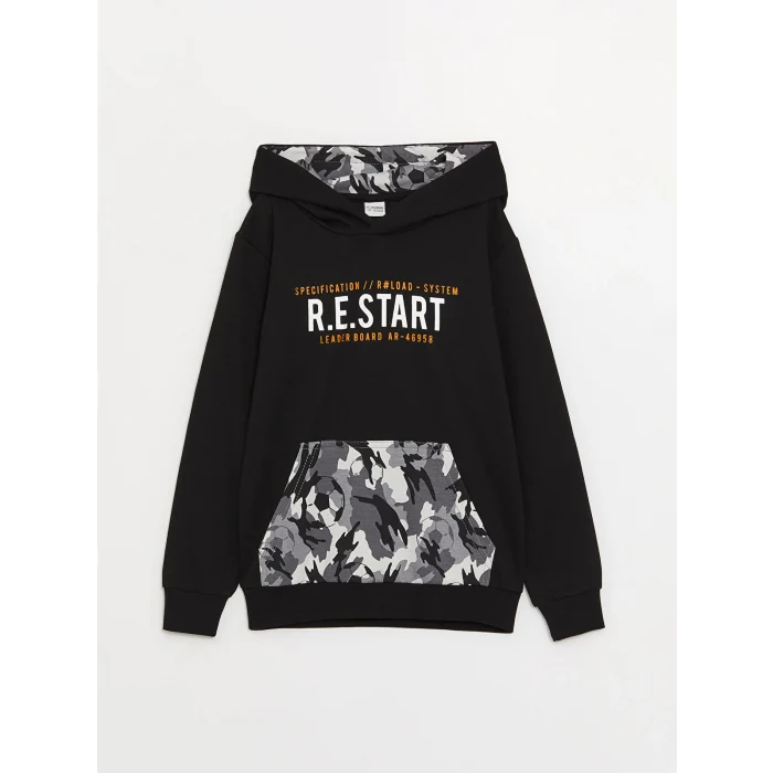 LCW Kids Siyah Baskılı Uzun Kollu Erkek Çocuk Hoodie