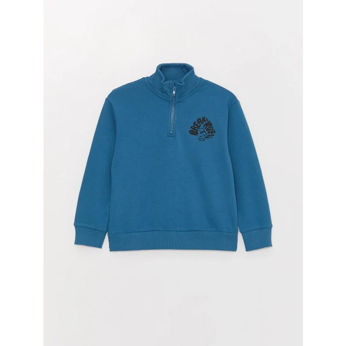 LCW Kids Mavi Dik Yaka Baskılı Uzun Kollu Erkek Çocuk Sweatshirt