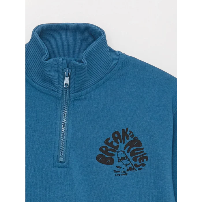 LCW Kids Mavi Dik Yaka Baskılı Uzun Kollu Erkek Çocuk Sweatshirt
