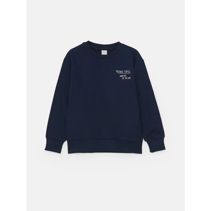 LCW Kids Lacivert Rahat Kalıp Bisiklet Yaka Baskılı Erkek Çocuk Sweatshirt