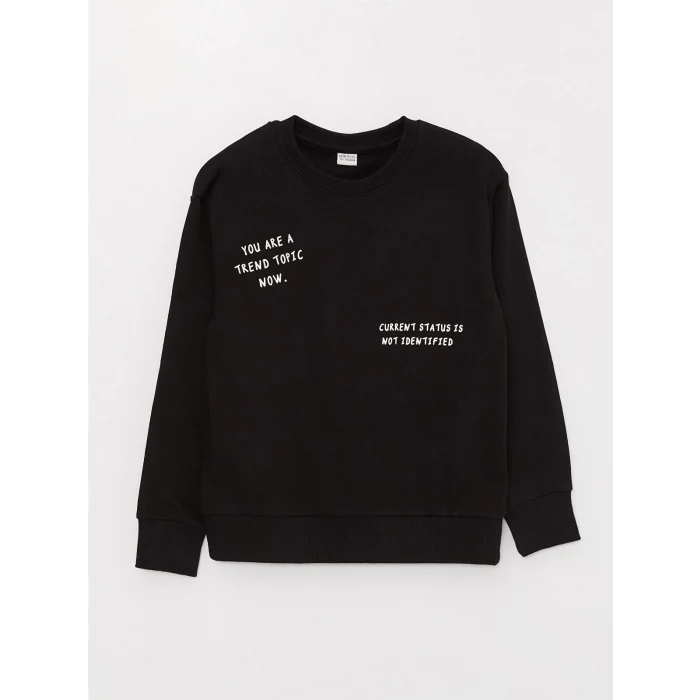 LCW Kids Siyah Rahat Kalıp Bisiklet Yaka Baskılı Erkek Çocuk Sweatshirt