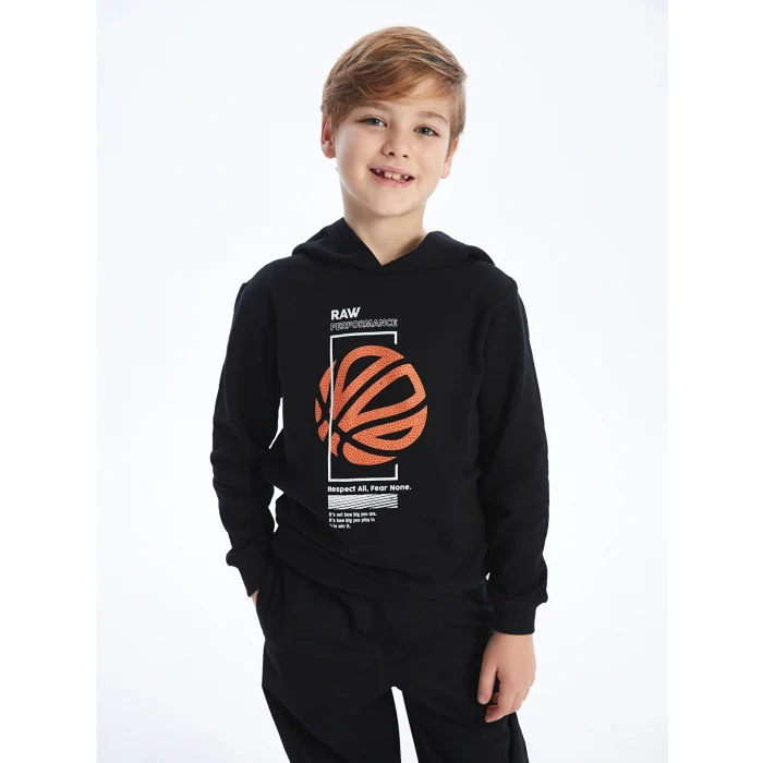 LCW Kids Siyah Baskılı Uzun Kollu Erkek Çocuk Hoodie