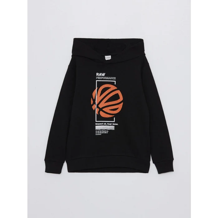 LCW Kids Siyah Baskılı Uzun Kollu Erkek Çocuk Hoodie