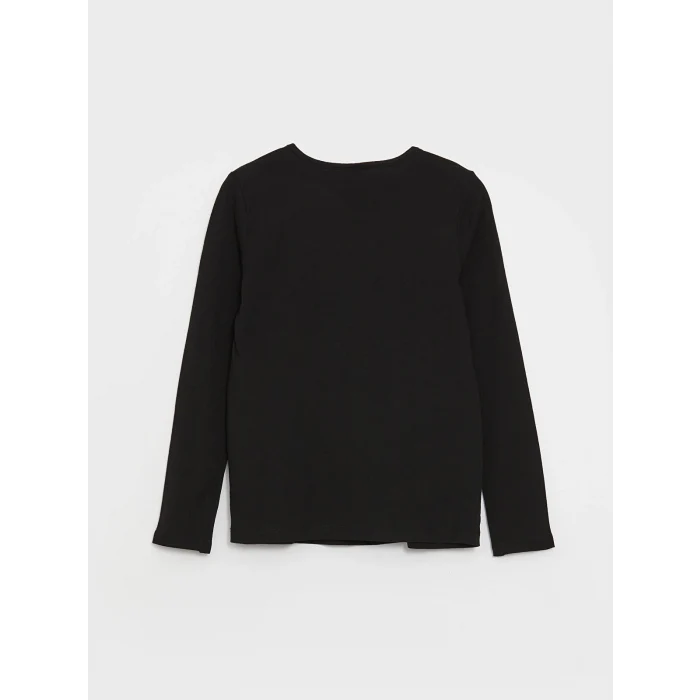 LCW Kids Siyah Bisiklet Yaka Baskılı Uzun Kollu Kız Çocuk Tişört